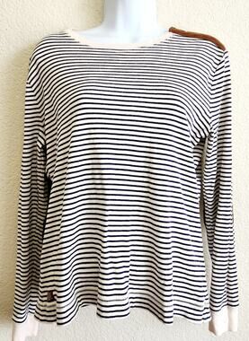 LRL Lauren Jeans Co Black Cream Stripes Top XL Long Sleeves Patches On Elbows